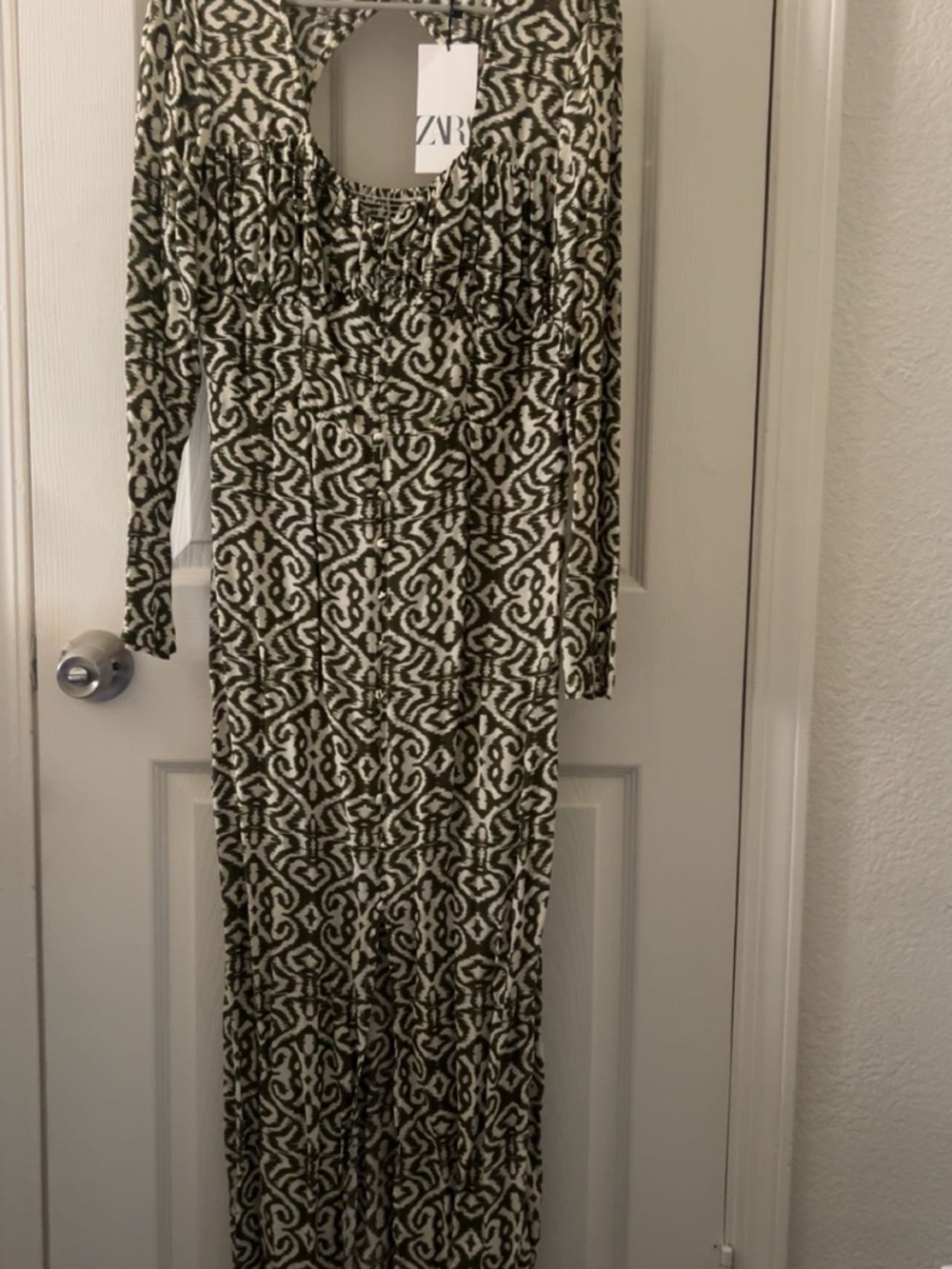 Zara Olive & Cream Printed Long Sleeve Maxi Dress